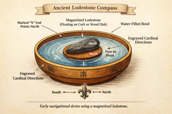 Diagram of an ancient loadstone compass.